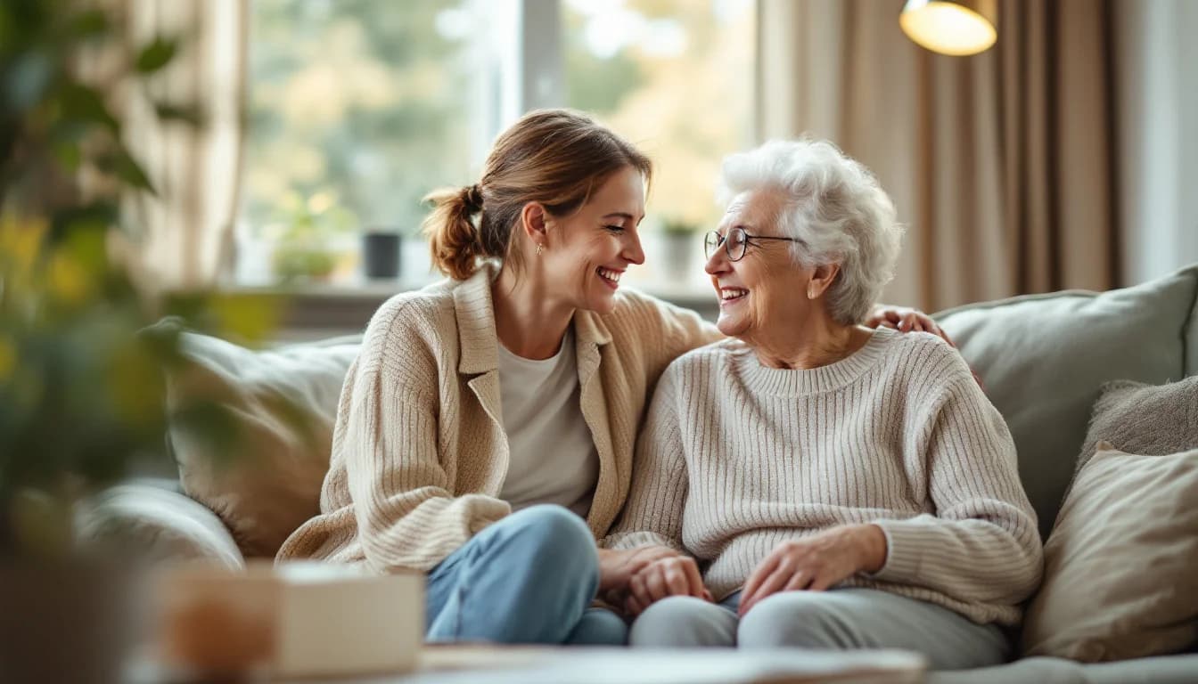 Tochter und ihre pflegebedürftige Mutter sitzen entspannt zusammen auf dem Sofa – Symbolbild